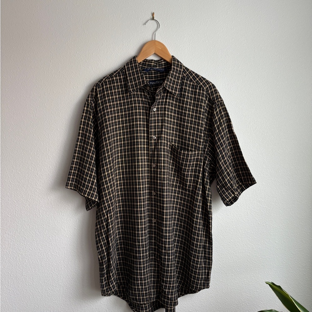 Vintage Y2K Nautica Brown and Black Plaid Short Sleeve Button down Shirt Size L